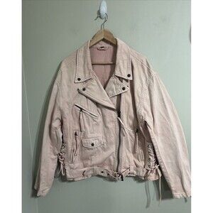 Free People Womens  Jacket Moto Washed Pink Denim Lace Up Sides Belted